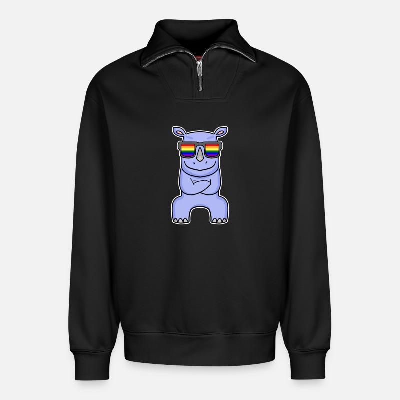 Regenbogen - Nashorn mit Brille - Relaxed Unisex Organic Half Zip Sweatshirt – von SPREAD - Schwarz