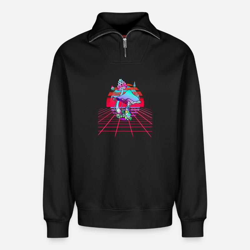 Champignons Psychédéliques - Retro Wave Sunset - Sweat unisexe décontracté en coton biologique à demi-zip – de SPREAD - noir