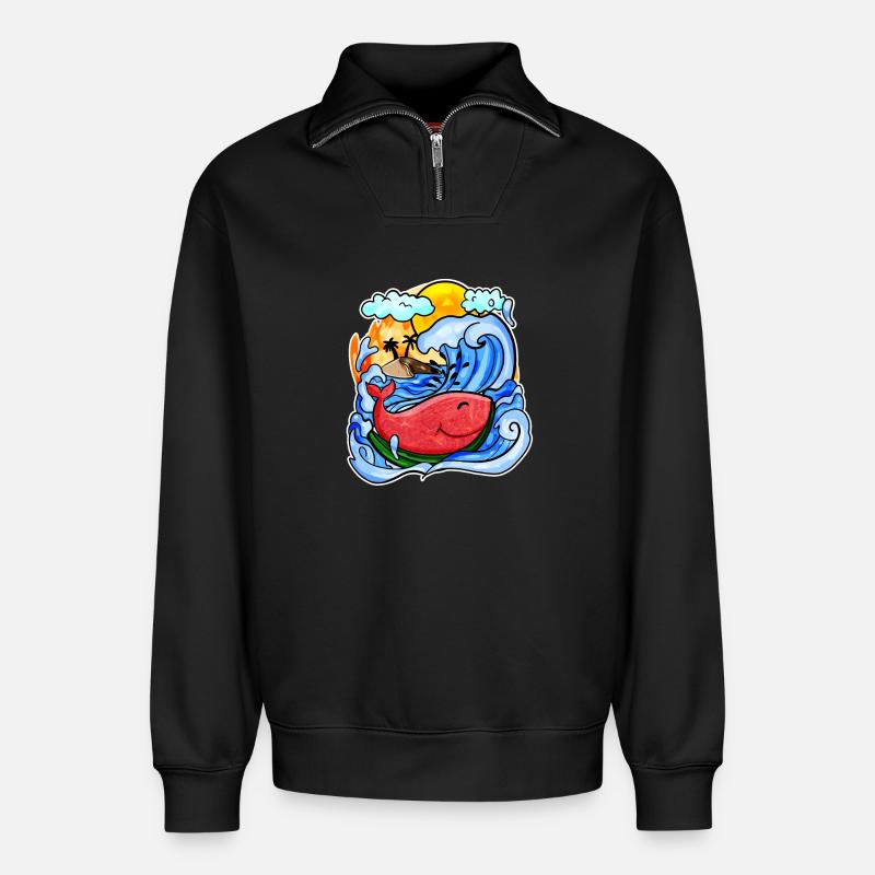 Baleine pastèque - Sweat unisexe décontracté en coton biologique à demi-zip – de SPREAD - noir
