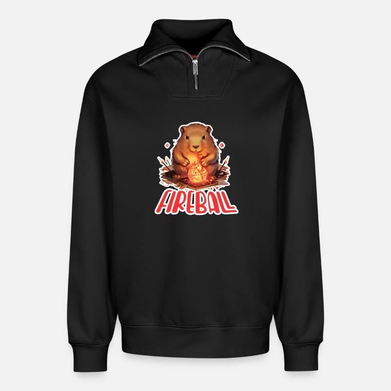 Capybara Mage – Fireball RPG Design - Relaxed Unisex Organic Half Zip Sweatshirt – by SPREAD - black