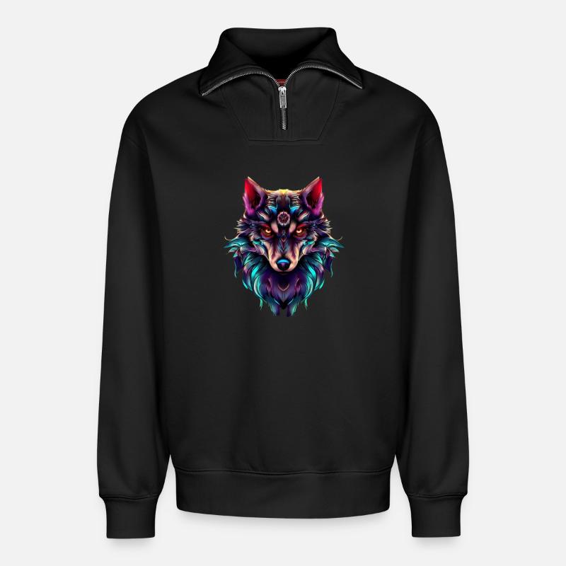 Wolfskopf Synthwave Wolf - Relaxed Unisex Organic Half Zip Sweatshirt – von SPREAD - Schwarz