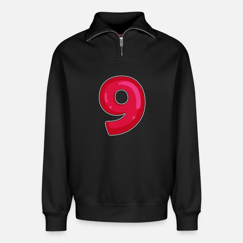 NINE - 9 - Digit red - Relaxed Unisex Organic Half Zip Sweatshirt – by SPREAD - black