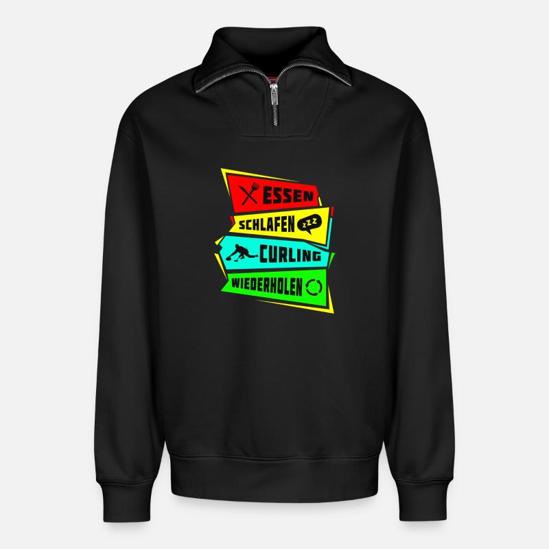 Eating Sleeping Curling Repeat - Relaxed Unisex Organic Half Zip Sweatshirt – by SPREAD - black