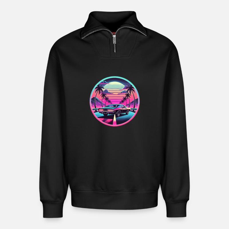 Retro Sunset Muscle Car Driving - Relaxed Unisex Organic Half Zip Sweatshirt – by SPREAD - black
