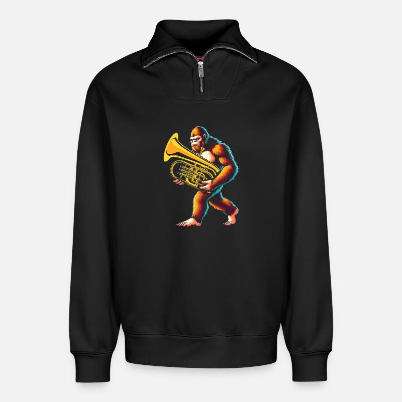 Yeti Gorilla mit Euphonium - Relaxed Unisex Organic Half Zip Sweatshirt – von SPREAD - Schwarz