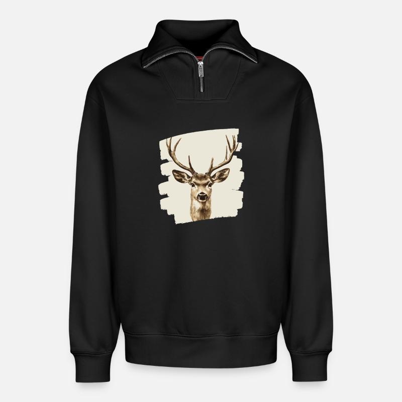 Cerf avec bois - Sweat unisexe décontracté en coton biologique à demi-zip – de SPREAD - noir
