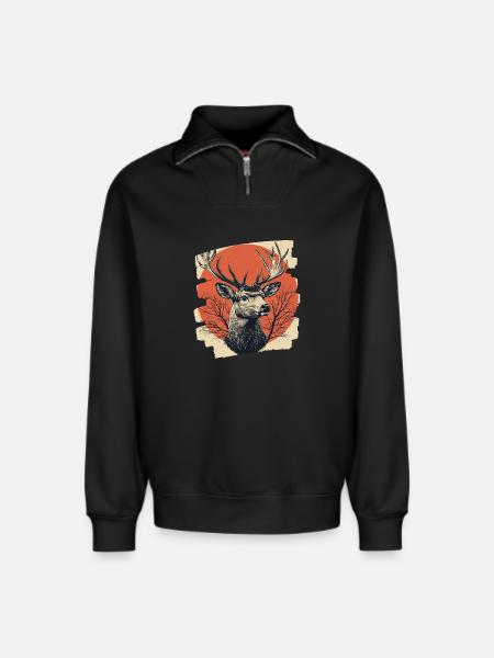 Deer with antlers - Relaxed Unisex Organic Half Zip Sweatshirt – by SPREAD - black