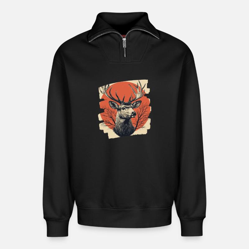 Hirsch mit Geweih - Relaxed Unisex Organic Half Zip Sweatshirt – von SPREAD - Schwarz