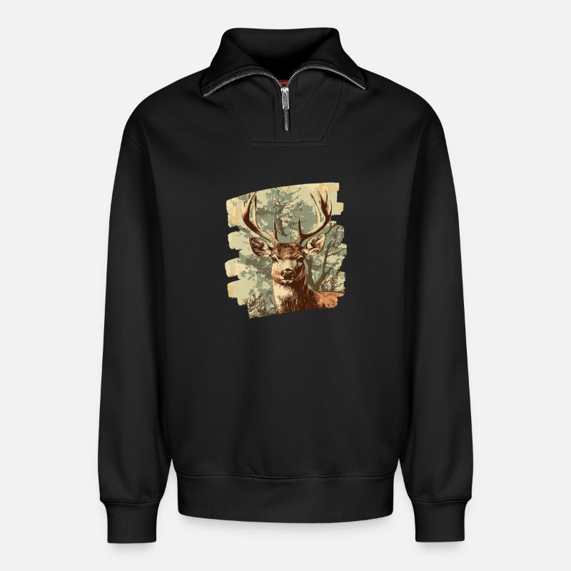 Cerf avec bois - Sweat unisexe décontracté en coton biologique à demi-zip – de SPREAD - noir