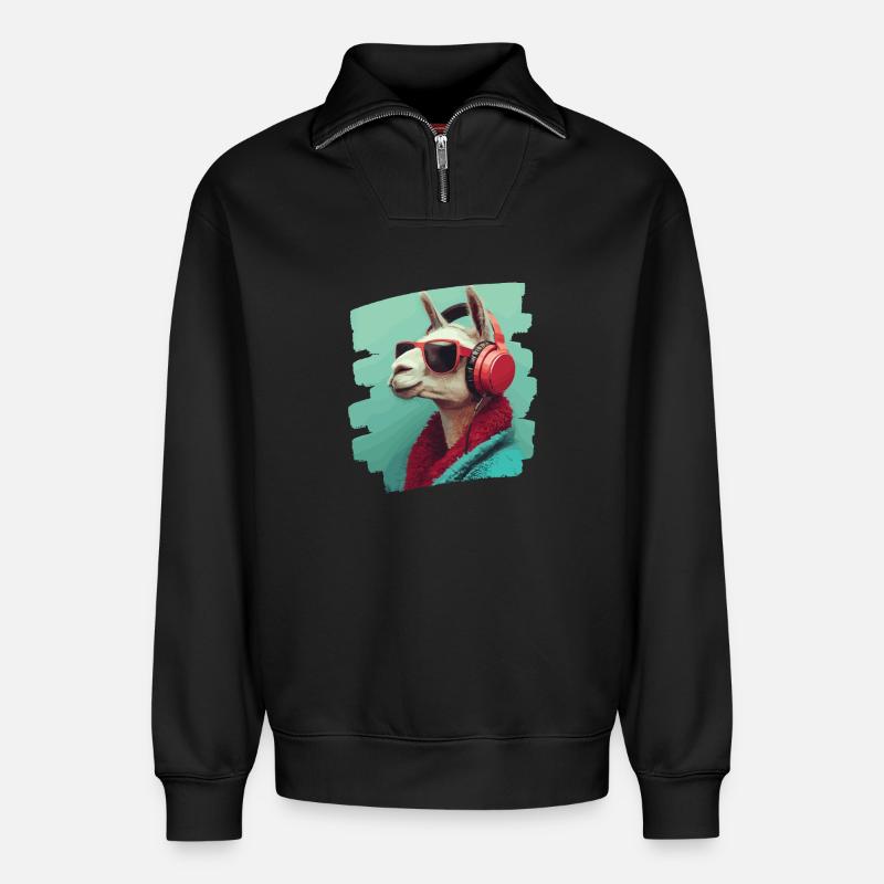Lama Kopfhörer - Relaxed Unisex Organic Half Zip Sweatshirt – von SPREAD - Schwarz