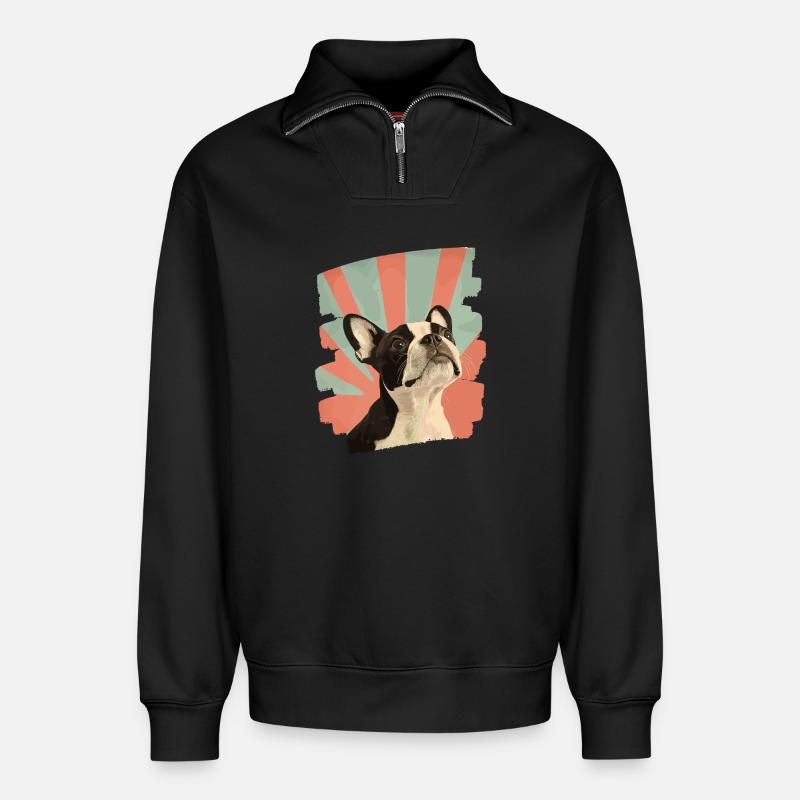 Boston Terrier - Sweat unisexe décontracté en coton biologique à demi-zip – de SPREAD - noir
