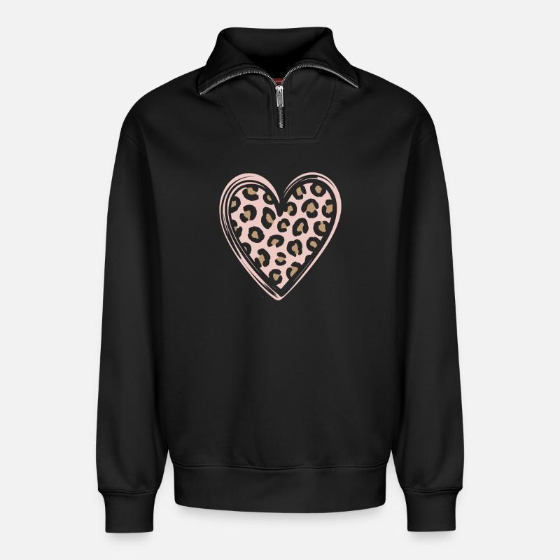 Leopard Muster Herz Design - Relaxed Unisex Organic Half Zip Sweatshirt – von SPREAD - Schwarz
