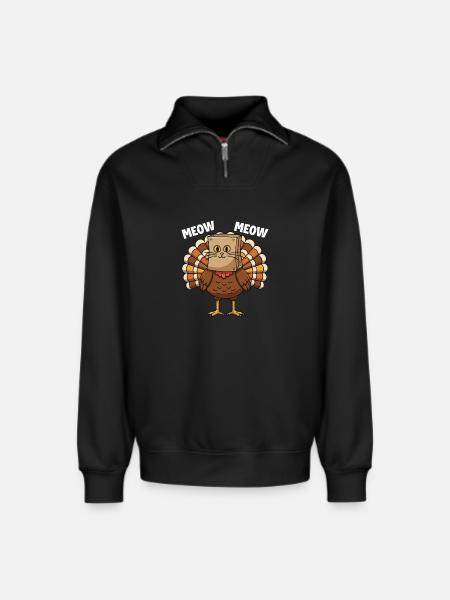 Turkey Cat Thanksgiving Fall Harvest - Relaxed Unisex Organic Half Zip Sweatshirt – by SPREAD - black