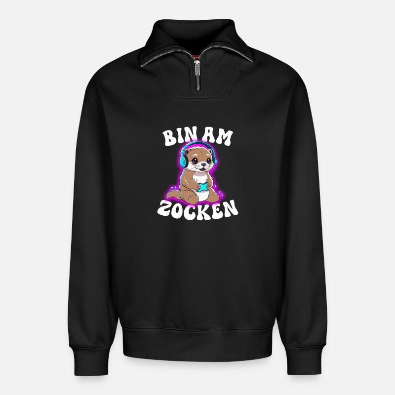 Bin am Zocken Otter  - Relaxed Unisex Organic Half Zip Sweatshirt – von SPREAD - Schwarz