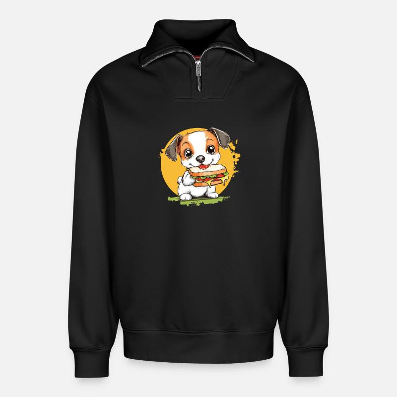 Kleiner Hund genießt Burger - Relaxed Unisex Organic Half Zip Sweatshirt – von SPREAD - Schwarz
