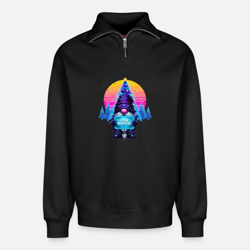Cyberpunk Code Gnome - Synthwave Xmas Nerd - Relaxed Unisex Organic Half Zip Sweatshirt – by SPREAD - black
