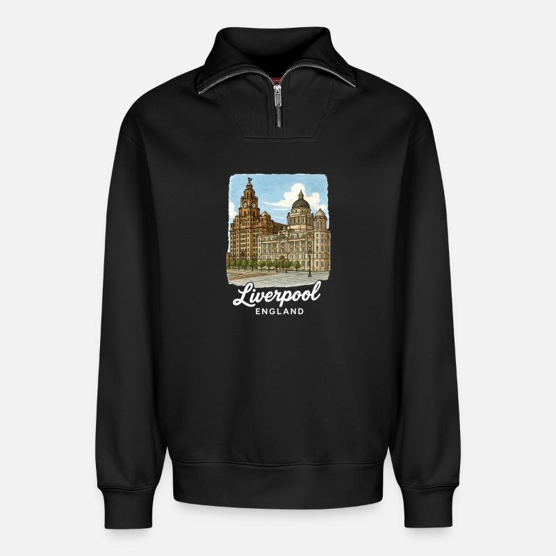 Liverpool England - Relaxed Unisex Organic Half Zip Sweatshirt – von SPREAD - Schwarz