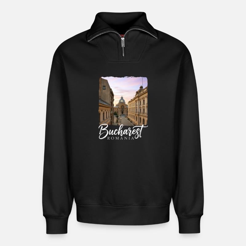 Bukarest Rumänien - Relaxed Unisex Organic Half Zip Sweatshirt – von SPREAD - Schwarz