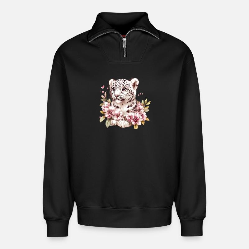Leopard Junges mit Blütenkranz - Relaxed Unisex Organic Half Zip Sweatshirt – von SPREAD - Schwarz