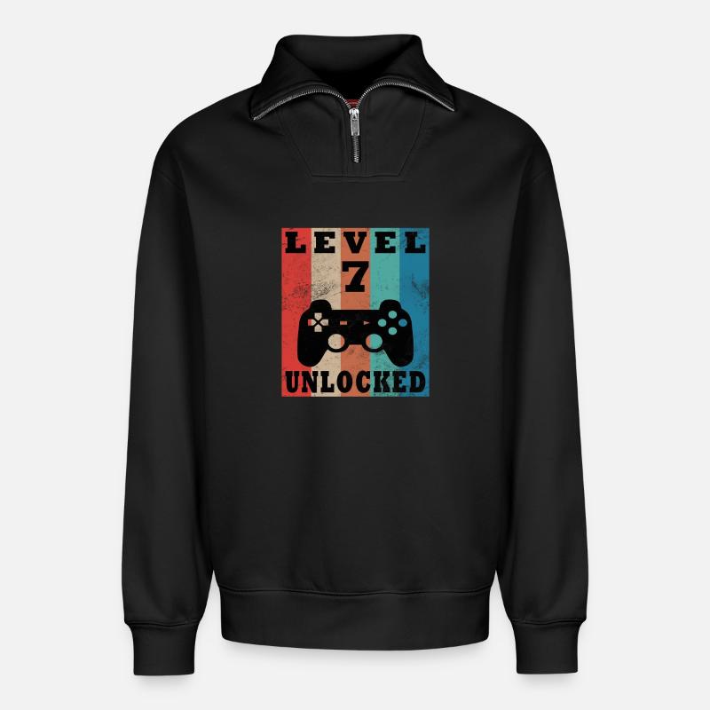 Level 7 Unlocked Retro Controller - Relaxed Unisex Organic Half Zip Sweatshirt – by SPREAD - black