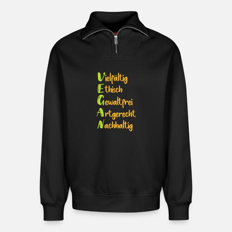Vegane Werte: Vielfalt Ethik Nachhaltigkeit - Relaxed Unisex Organic Half Zip Sweatshirt – von SPREAD - Schwarz