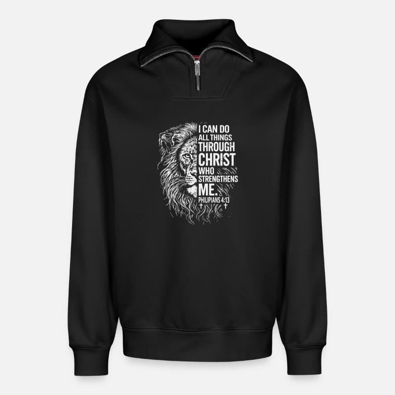 Löwenstärke durch Christus – Philipper 4:13 - Relaxed Unisex Organic Half Zip Sweatshirt – von SPREAD - Schwarz