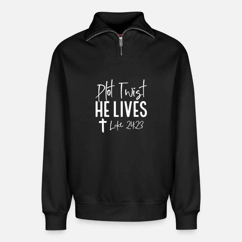 Plot-Twist: Er lebt Lukas 24,23 - Relaxed Unisex Organic Half Zip Sweatshirt – von SPREAD - Schwarz