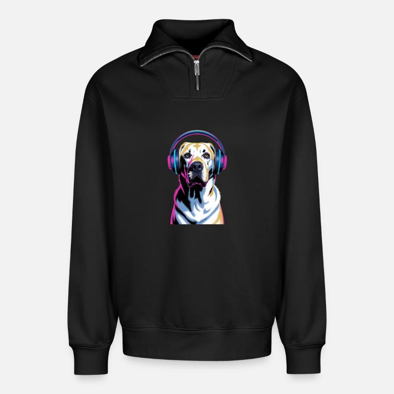  Labrador mit Kopfhörern - Relaxed Unisex Organic Half Zip Sweatshirt – von SPREAD - Schwarz