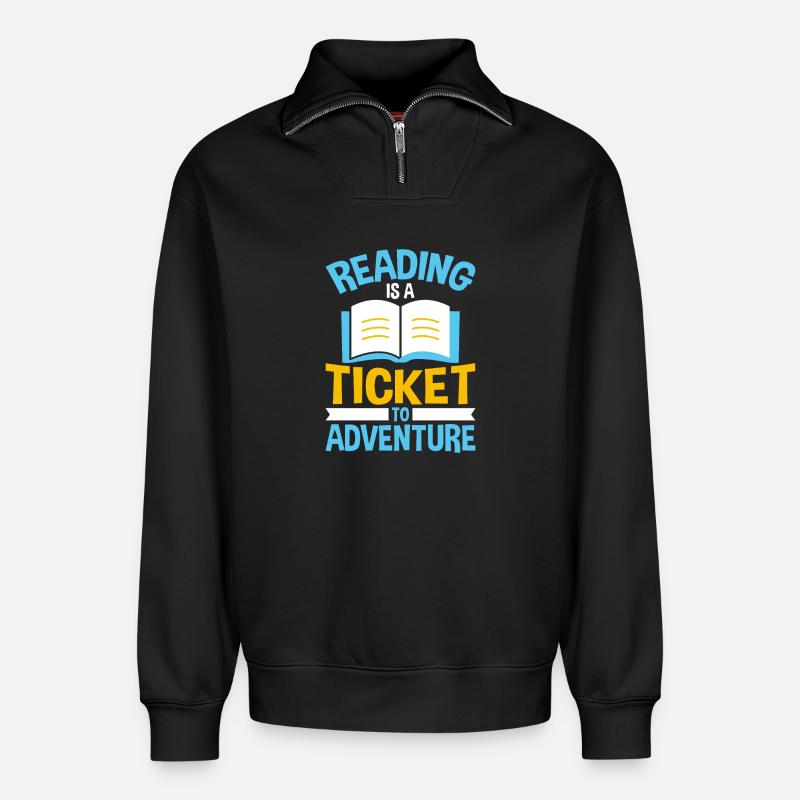 Lesen ist Ticket zu Abenteuern - Relaxed Unisex Organic Half Zip Sweatshirt – von SPREAD - Schwarz