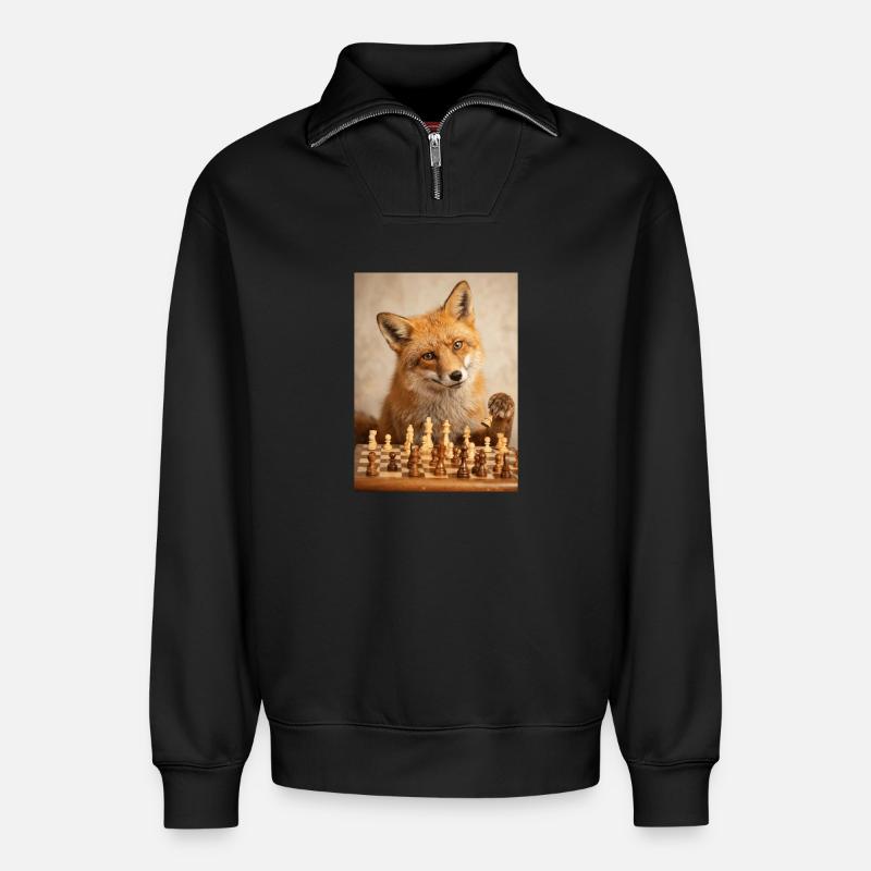 Fox playing chess - Relaxed Unisex Organic Half Zip Sweatshirt – by SPREAD - black