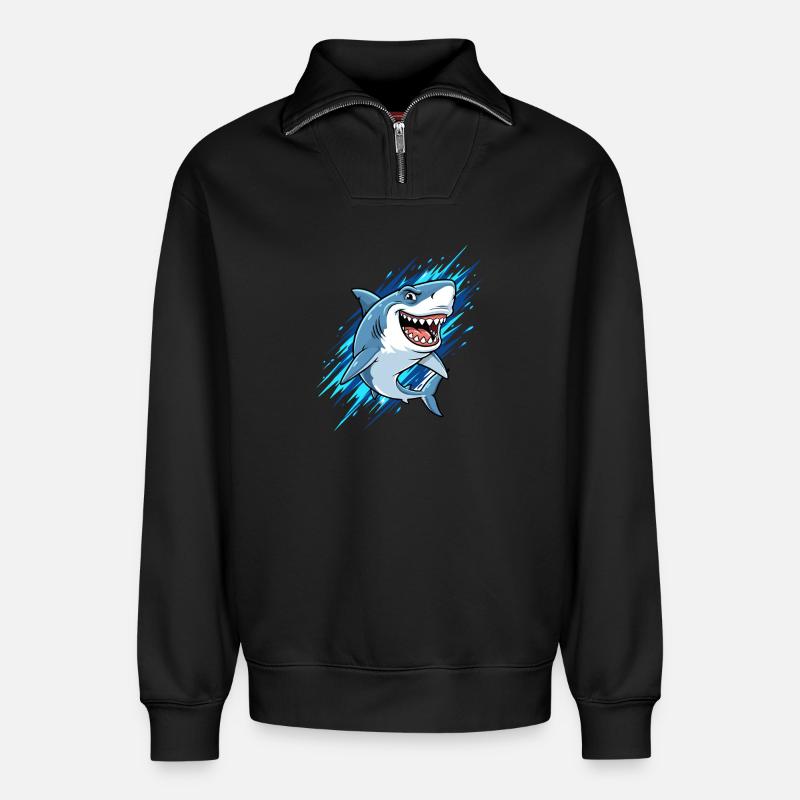 Blauer Cartoonhai mit Spritzern - Relaxed Unisex Organic Half Zip Sweatshirt – von SPREAD - Schwarz