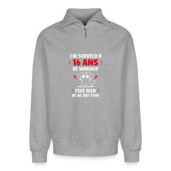 16 ans de mariage - Sweat unisexe décontracté en coton biologique à demi-zip – de SPREAD - gris chiné - Devant