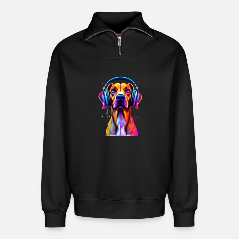 Viszla mit Kopfhörer - Relaxed Unisex Organic Half Zip Sweatshirt – von SPREAD - Schwarz
