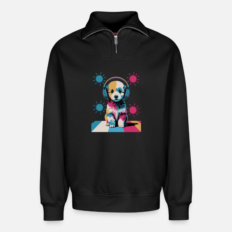 Pudel Welpe mit Kopfhörer - Relaxed Unisex Organic Half Zip Sweatshirt – von SPREAD - Schwarz