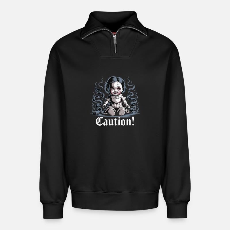 Poupée effrayante avec texte d’avertissement - Sweat unisexe décontracté en coton biologique à demi-zip – de SPREAD - noir