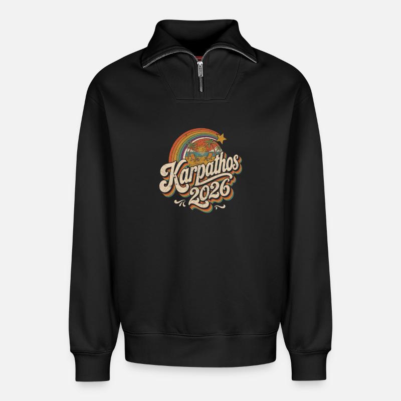 Karpathos 2026 Beach Rétro - Sweat unisexe décontracté en coton biologique à demi-zip – de SPREAD - noir