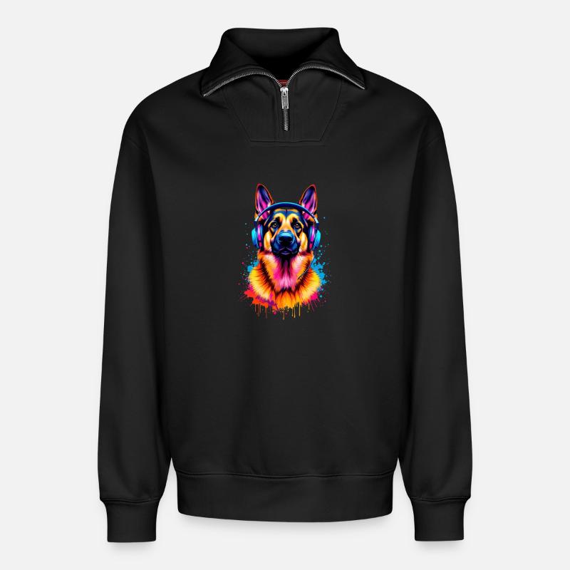 Deutscher Schäferhund mit Kopfhörern - Relaxed Unisex Organic Half Zip Sweatshirt – von SPREAD - Schwarz