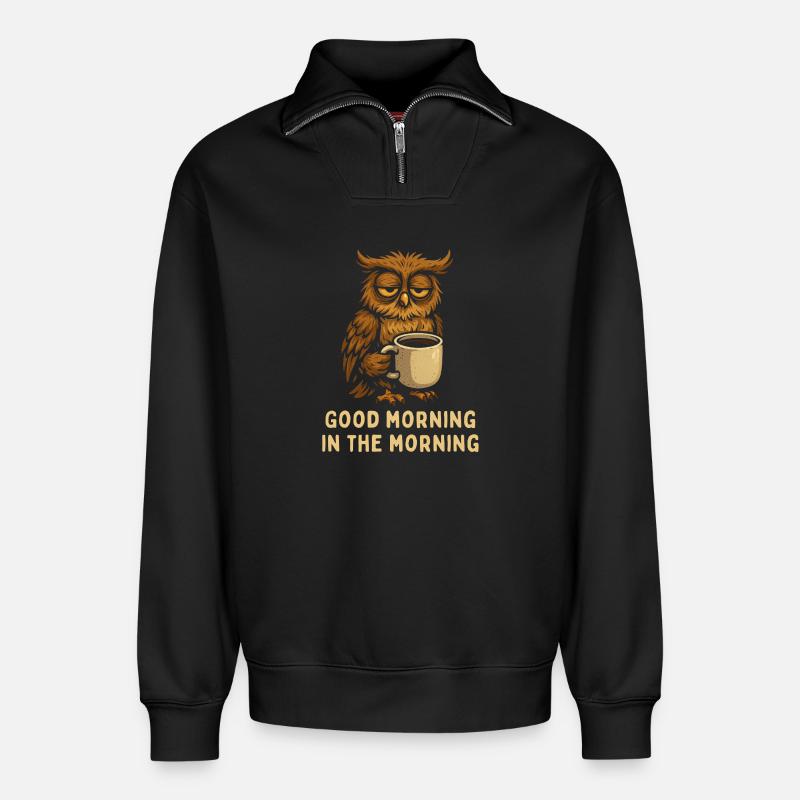 Schlafmütze Eule mit Kaffee - Relaxed Unisex Organic Half Zip Sweatshirt – von SPREAD - Schwarz