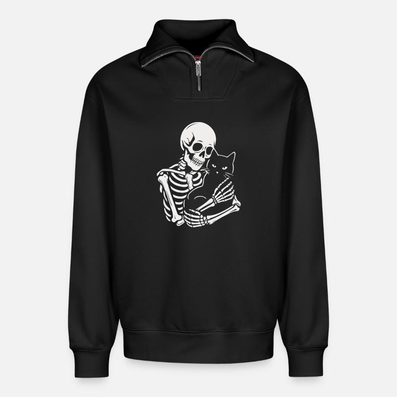 Skeleton stroking black cat - Relaxed Unisex Organic Half Zip Sweatshirt – by SPREAD - black