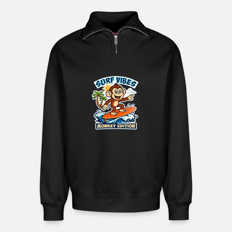Surf-Vibes – Affen-Edition. - Relaxed Unisex Organic Half Zip Sweatshirt – von SPREAD - Schwarz