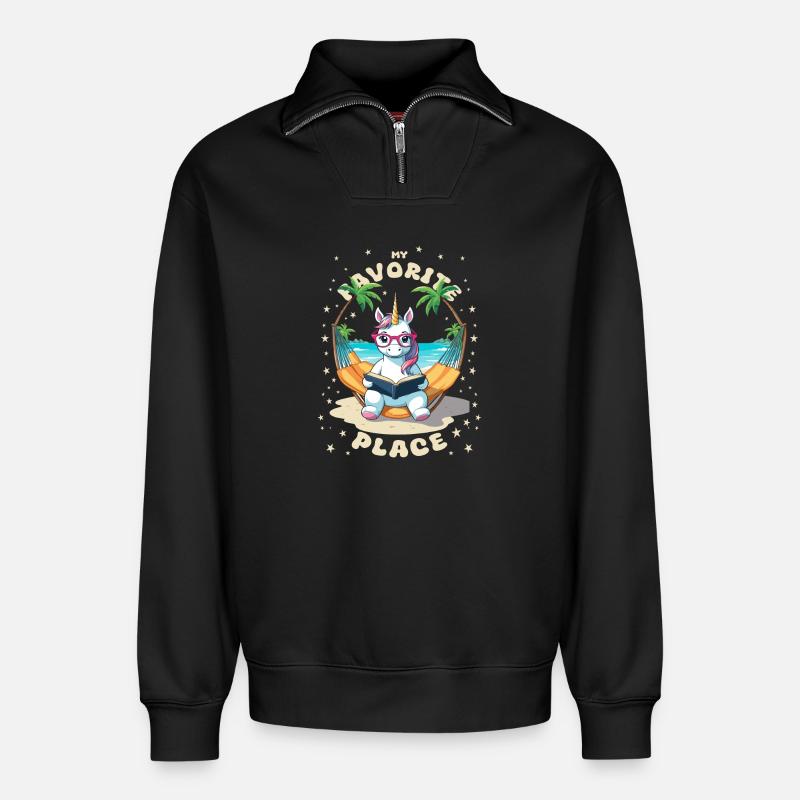 Einhorn mit Buch - Relaxed Unisex Organic Half Zip Sweatshirt – von SPREAD - Schwarz