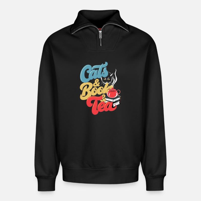 Katzen und Tee Druck - Relaxed Unisex Organic Half Zip Sweatshirt – von SPREAD - Schwarz