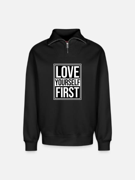 Love Yourself First Self-Love Self-Care - Relaxed Unisex Organic Half Zip Sweatshirt – by SPREAD - black