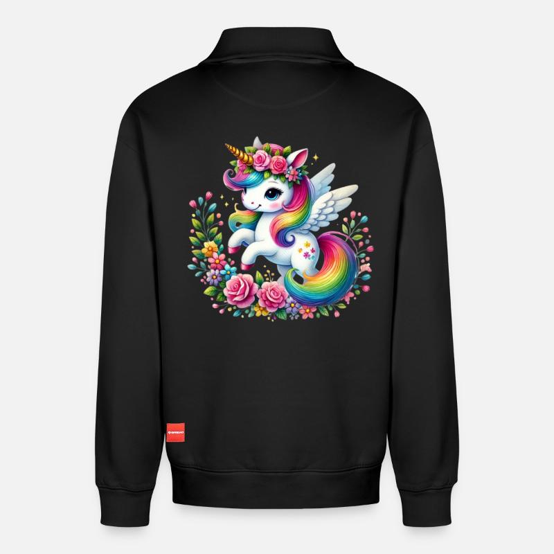 Regenbogen Fleur Einhorn - Relaxed Unisex Organic Half Zip Sweatshirt – von SPREAD - Schwarz