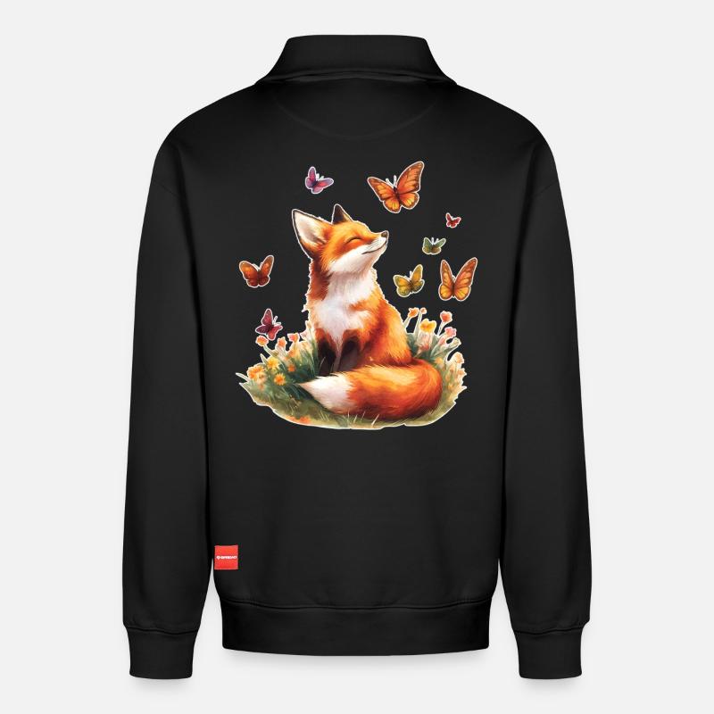 Fuchs mit Schmetterlingen - Relaxed Unisex Organic Half Zip Sweatshirt – von SPREAD - Schwarz