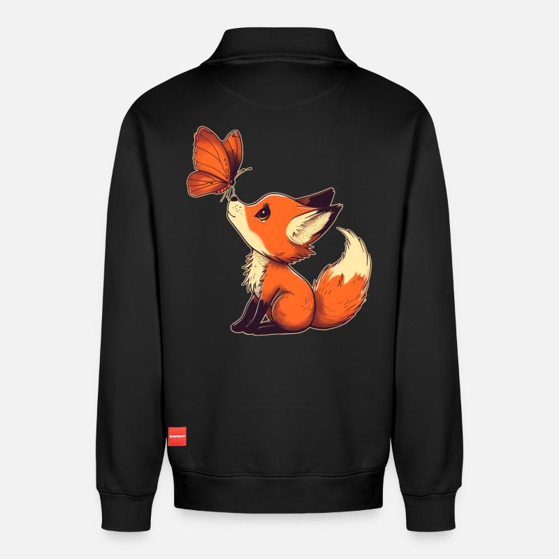 Fuchs mit Schmetterling - Relaxed Unisex Organic Half Zip Sweatshirt – von SPREAD - Schwarz