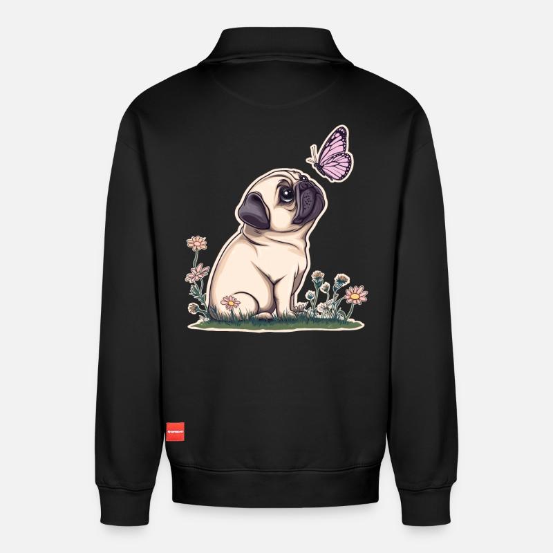 Mops mit Schmetterling - Relaxed Unisex Organic Half Zip Sweatshirt – von SPREAD - Schwarz