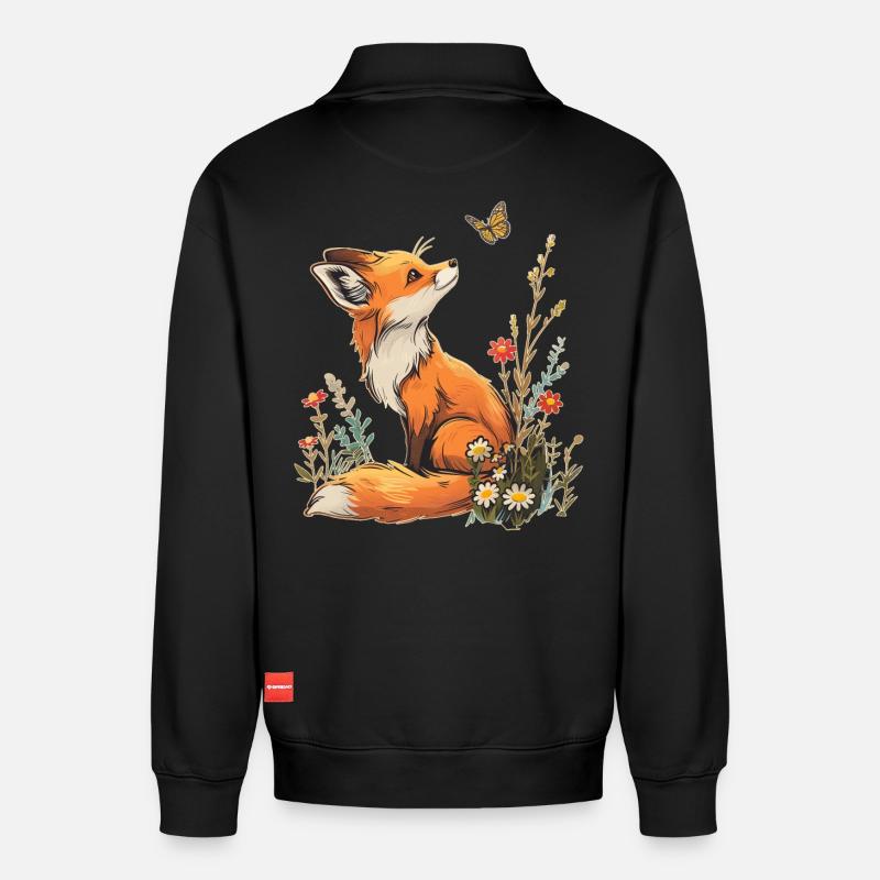 Fuchs und Schmetterling - Relaxed Unisex Organic Half Zip Sweatshirt – von SPREAD - Schwarz