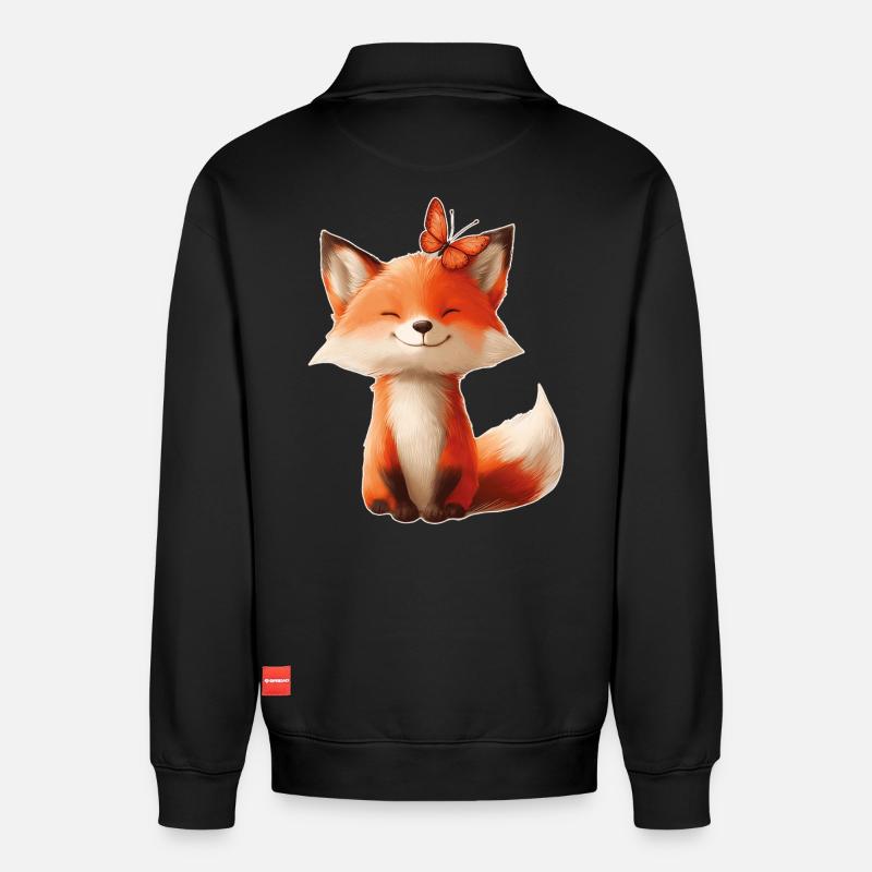 Fuchs mit Schmetterling - Relaxed Unisex Organic Half Zip Sweatshirt – von SPREAD - Schwarz