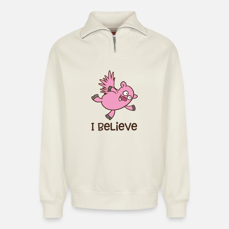 fliegendes Schwein - Relaxed Unisex Organic Half Zip Sweatshirt – von SPREAD - Naturweiß